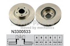 Диск тормозной N3300533 для HYUNDAI TUCSON (JM) 2.7 Привод на все колеса 2004-2010, код двигателя G6BA-G, V см3 2656, кВт 129, л.с. 175, бензин, Nipparts N3300533